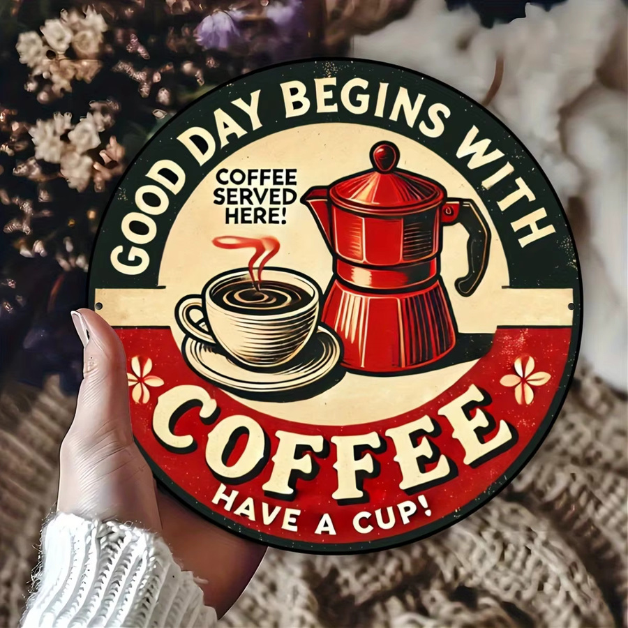 Potdemiel Rundes Vintage-Aluminiumschild Good Day Begins With Coffee in Multicolour, Durchmesser: 19,81 cm - Bild 3