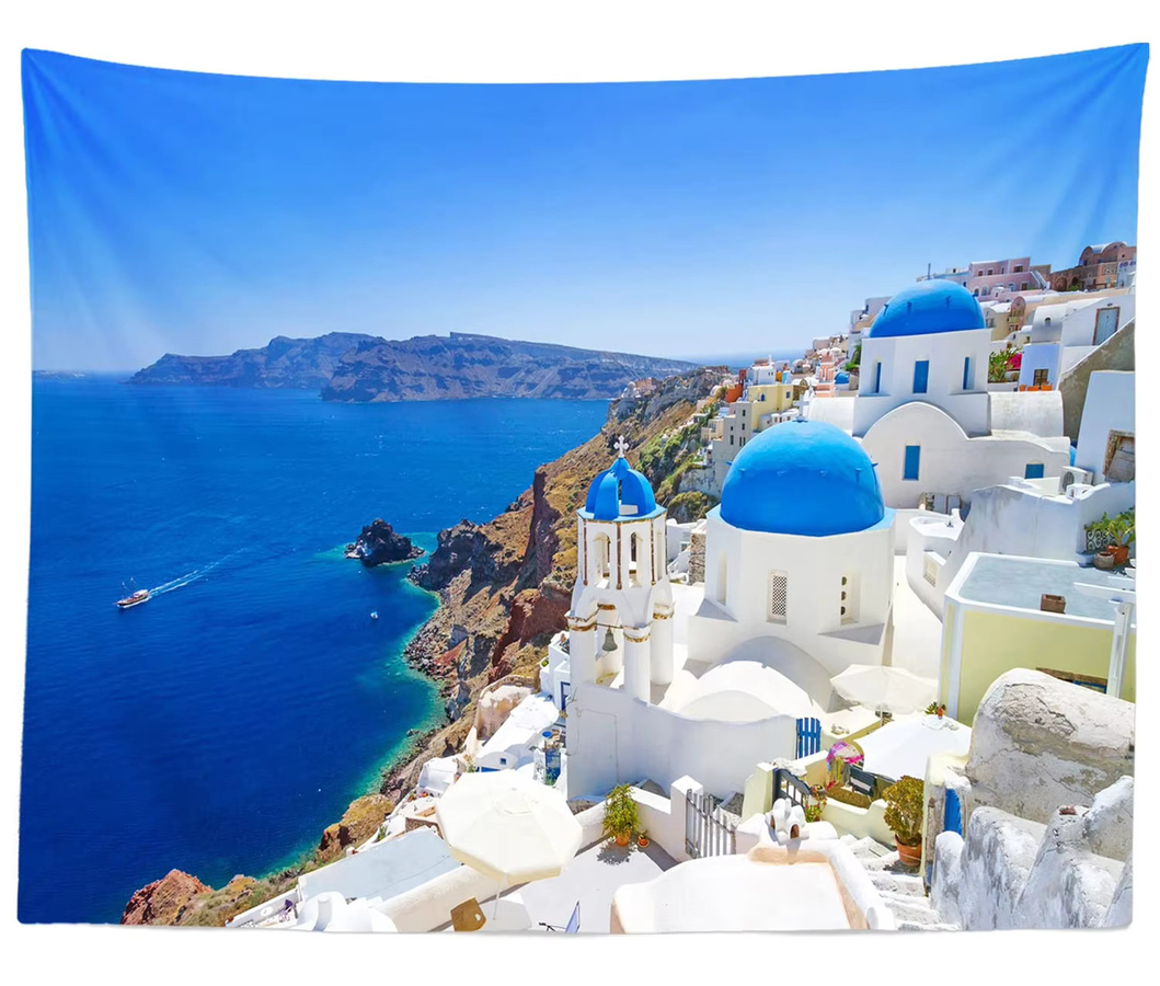 VIKAMA Wandbehang Santorini Blau-Weiß Griechische Ägäis Meeres-Landschaft Wandteppich für dein Wohnzimmer oder Schlafzimmer - Bild 2