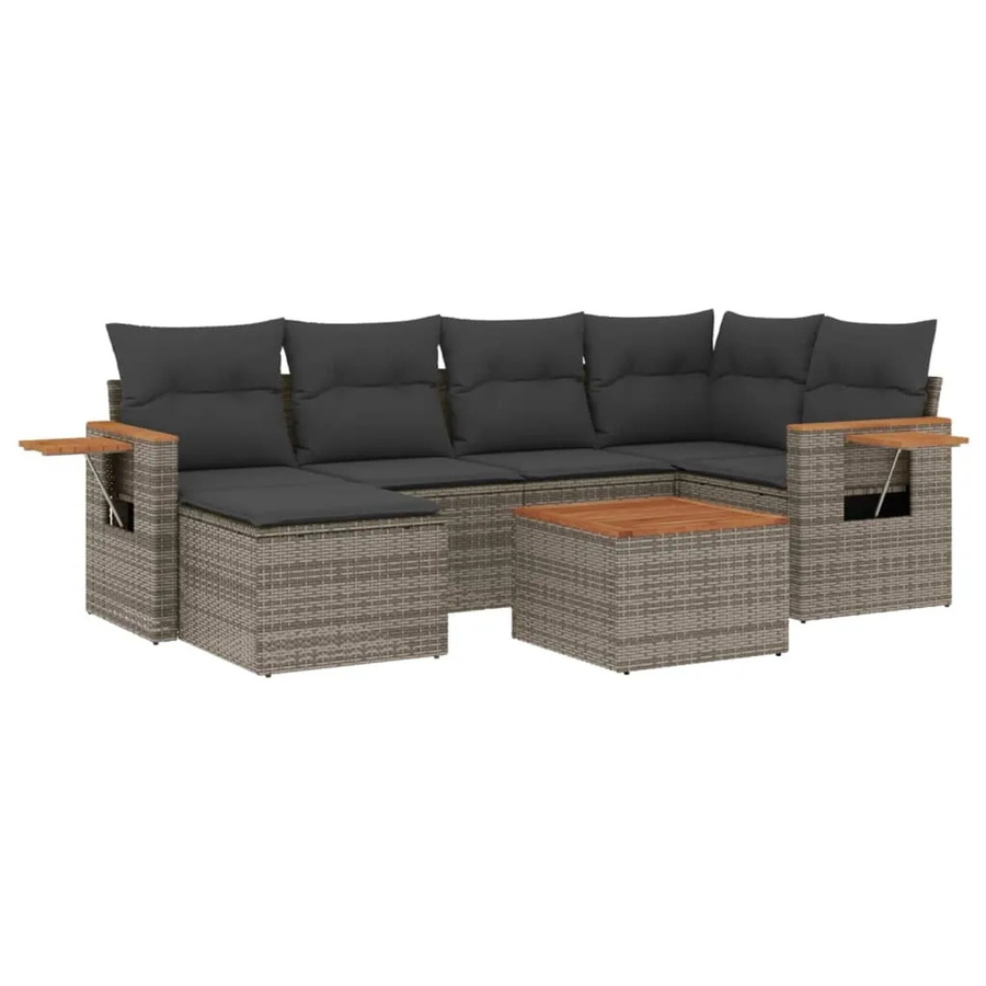 vidaXL 7-tlg Garten-Sofagarnitur in L-Form aus grauem Poly-Rattan mit Kissen und Akazienholz - Bild 2