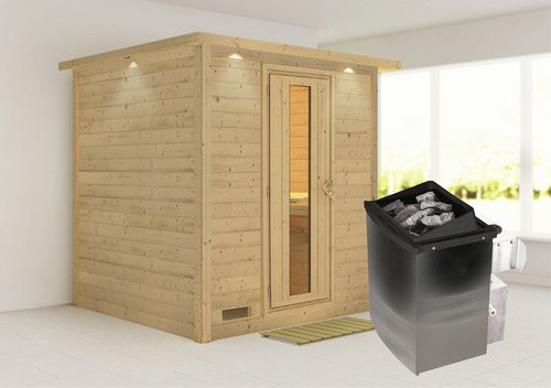 Karibu Sauna Sindi aus Fichtenholz in Beige mit 9 kW Saunaofen und integrierter Steuerung für 4 Personen, B/T/H: 221 x 198 x 212 cm - Bild 1