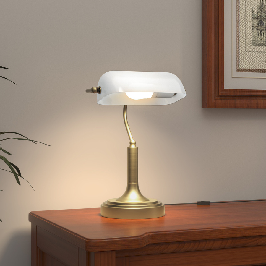 HOMCOM Banker Vintage Schreibtischlampe in Weiß mit E27 Fassung und verstellbarem Schirm für Büro und Zuhause - Bild 2