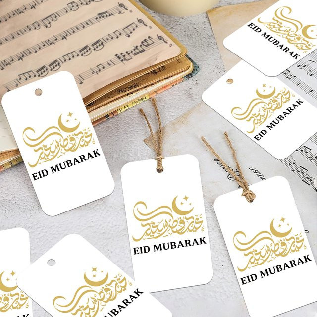 50 Stück Eid Mubarak Geschenkanhänger aus Papier mit Hanfseil in Weiß für Ramadan und Eid al-Fitr DIY Geschenkverpackung und Dekoration - Bild 1