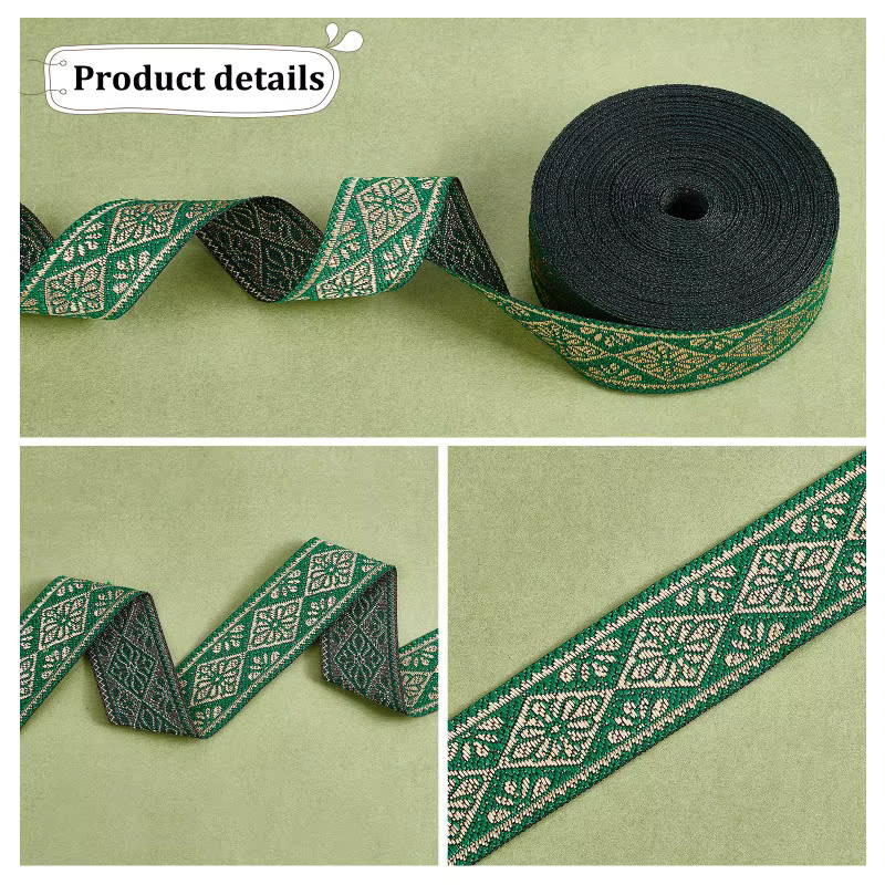Vintage-Jacquardband in Grün mit geometrischer Stickerei und Fransen, 9 Yards, Breite: 2,5 cm - Bild 4