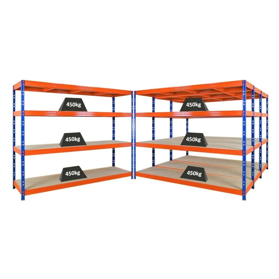 PROREGAL Rhino 4er Set Profi Schwerlastregal mit 4 verstellbaren Spanplatten-Ebenen, Blau/Orange, H x B x T: 180 x 240 x 60 cm - Bild 2