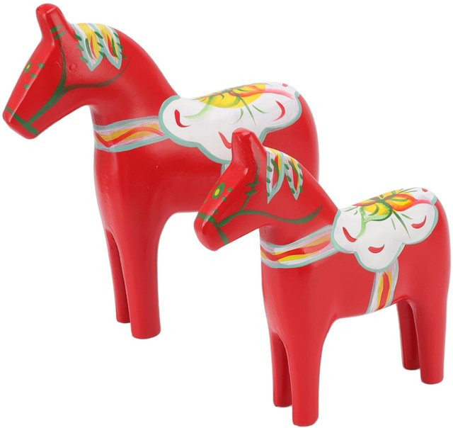 Set aus 2 Schwedischen Dalaholzpferden als dekorative Holzfiguren in Rot mit floralem Muster - Bild 1