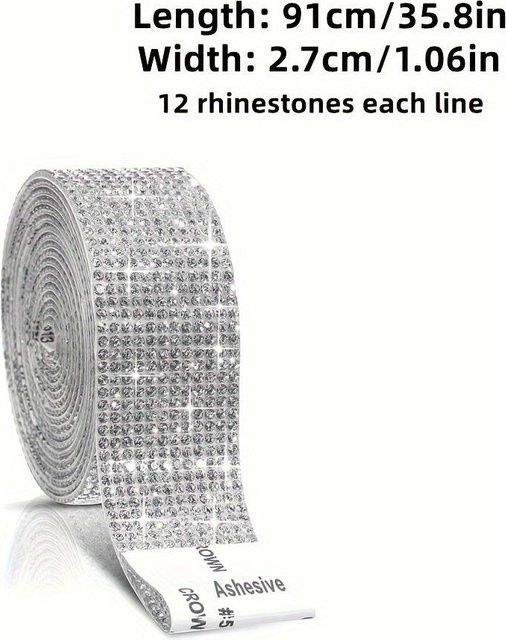 Ventora Selbstklebender Strass-Streifen in Silber mit 12 Reihen als Glitzerband für DIY-Dekorationen an Handy, Glas oder Auto - Bild 1