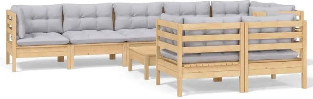 vidaXL 9-tlg. Garten-Lounge-Set aus massivem Kiefernholz in Braun-Grau mit grauen Polstern - Bild 1