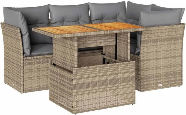 vidaXL 5-teilige Garten-Sofagarnitur in L-Form aus Polyrattan und Akazienholz mit Kissen in Beige-Grau - Bild 1