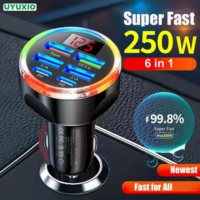 UYUXIO 6-in-1 Autotelefon-Ladegerät-Adapter mit Dual PD USB-C Ports und Voltmeter in Schwarz - Bild 1