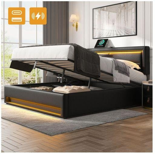Gepolstertes Bett MUVOE in Schwarz mit USB-Anschluss, LED-Beleuchtung und Stauraum, B/T: 140 x 190 cm - Bild 1
