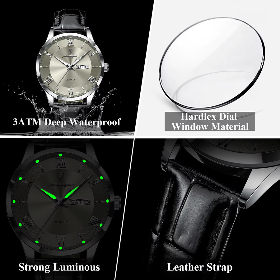 POEDAGAR Armbanduhr Quarz, Leder, Silber, Herren, Datum, Wochentag - Bild 4