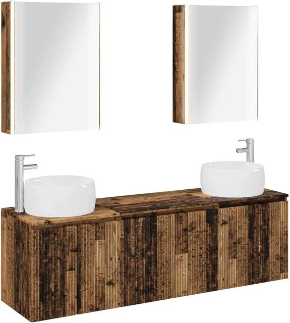 vidaXL Badezimmerschrank-Set aus Holz in Braun, 5-teiliges modernes Set mit Waschtischunterschrank, Wandunterschrank und Spiegelschrank mit LED-Beleuchtung und internen Regalen, B/T/H: 70,0 x 52,87 x 44,5 cm - Bild 1