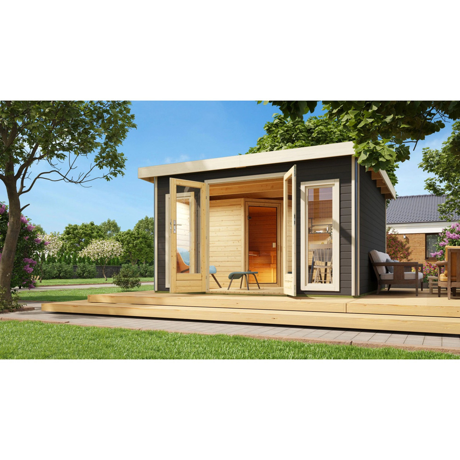 Karibu Saunahaus Magnus 3 Set in Terragrau aus nordischer Fichte inklusive 9 kW Bio Ofen und externer Steuerung - Bild 2