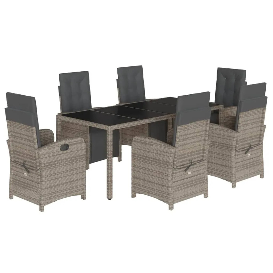 vidaXL 7-teilige Garten-Essgruppe aus Poly-Rattan mit Kissen und Hartglas in Grau - Bild 2