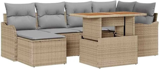 vidaXL Garten-Sofa-Set aus Poly-Rattan und Akazienholz mit 7-teiligem Kissen-Set in Beige und Hellgrau - Bild 1