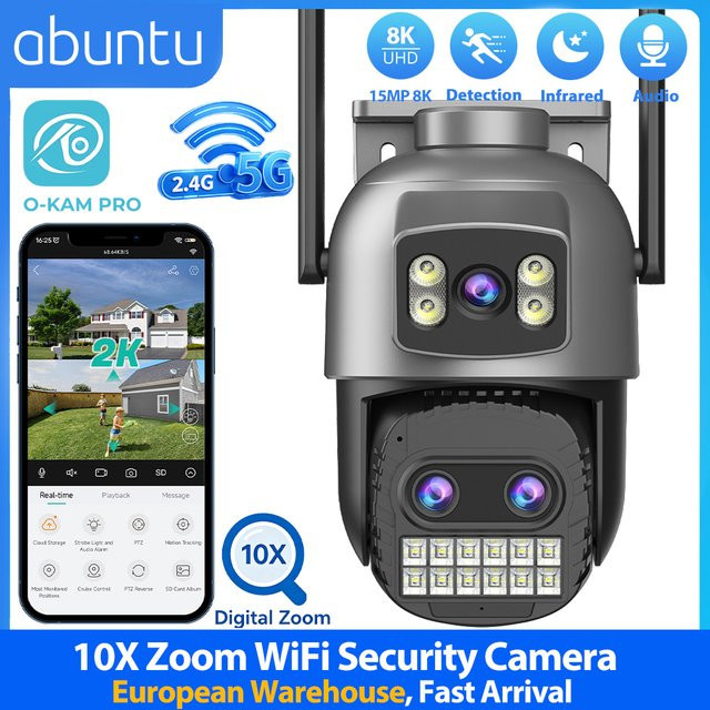 Abuntu 8K PTZ WLAN-Sicherheitskamera mit 15MP, Dual-Band 2,4G/5G, Dual-Bildschirmen, 10-fachem Digitalzoom, Nachtsicht und Menschenerkennung - Bild 1