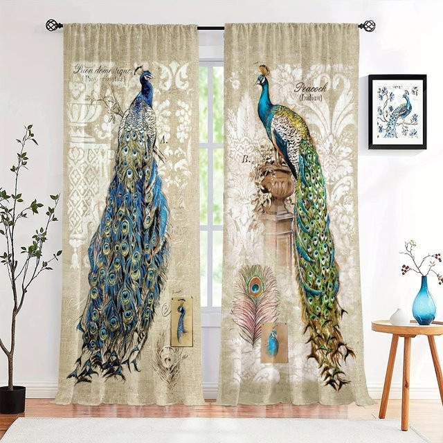 2er-Set Fensterdekoration mit 3D Pfau und Blumen im Retro-Stil, halbtransparent, Mehrfarbig, Breite: 60 cm, Höhe: 60 cm - Bild 1