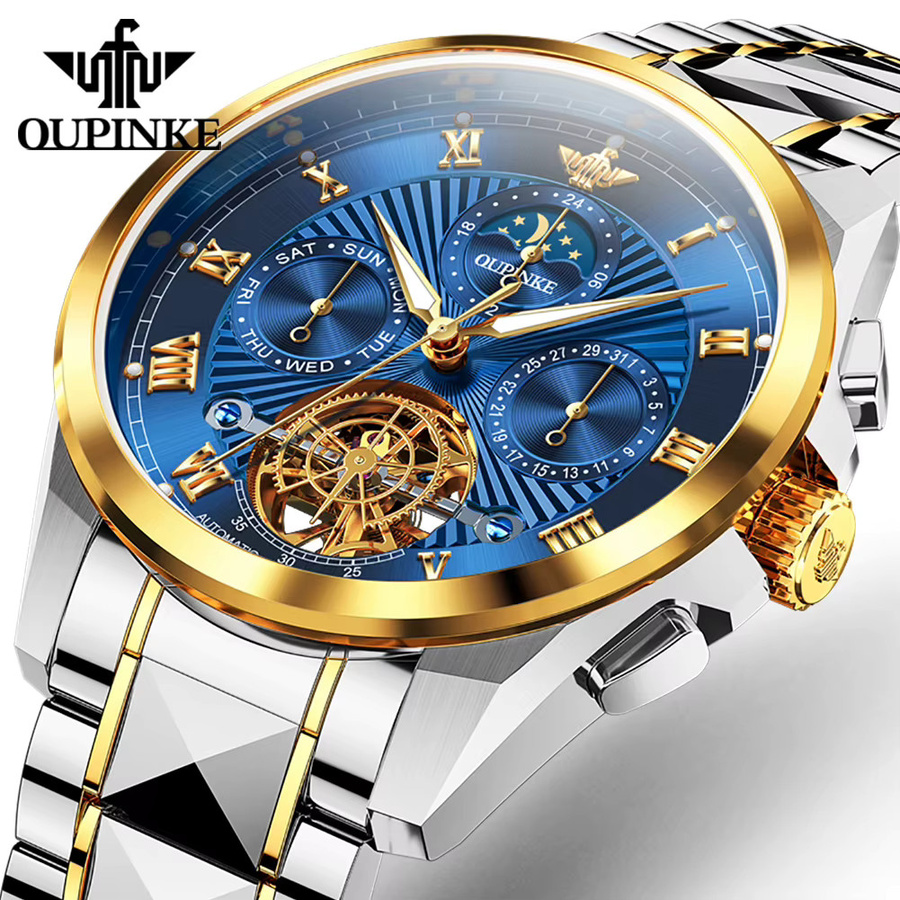 OUPINKE Armbanduhr, Automatik, Edelstahl, Mondphase, Herren, Blau, Gold - Bild 2