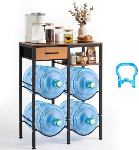 VEVOR Wasserkrughalter 4-stufig in Doppelreihen für 4 Flaschen mit Ablagefach und Schublade, Schwarz und Braun - Bild 1