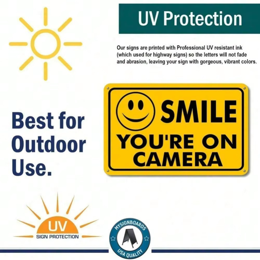 CIFBUY CCTV-Sicherheitswarnschild Smile You're on Camera aus Aluminium in Gelb - Bild 2