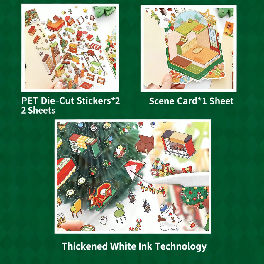 Weihnachten Miniatur Szene 3D Aufkleber mit niedlichen Cartoon Häusern für DIY Scrapbook und Handwerk, Mehrfarbig - Bild 4