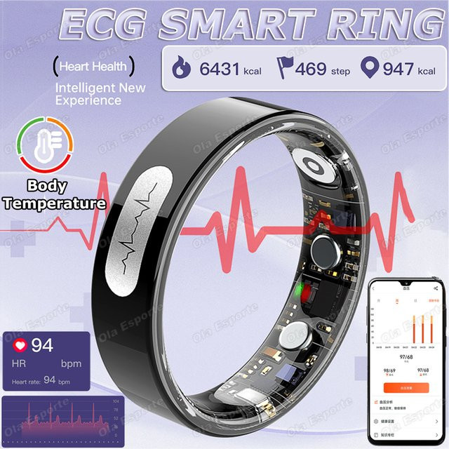 Ola Esporte KI-EKG-Smartring in Schwarz mit Blutdruck-, Herzfrequenz- und Körpertemperatur-Überwachung, 5ATM wasserdicht, Unisex Multisport-Smartring - Bild 1