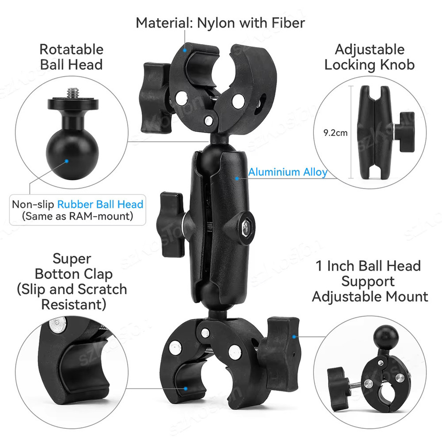 SZKOSTON Doppel Kopf Kamera Clamp Mount Adapter in Schwarz für GoPro und DJI Action 5 Pro sowie Action Kameras zur Montage an Motorradhalterungen oder Selfie Sticks - Bild 2