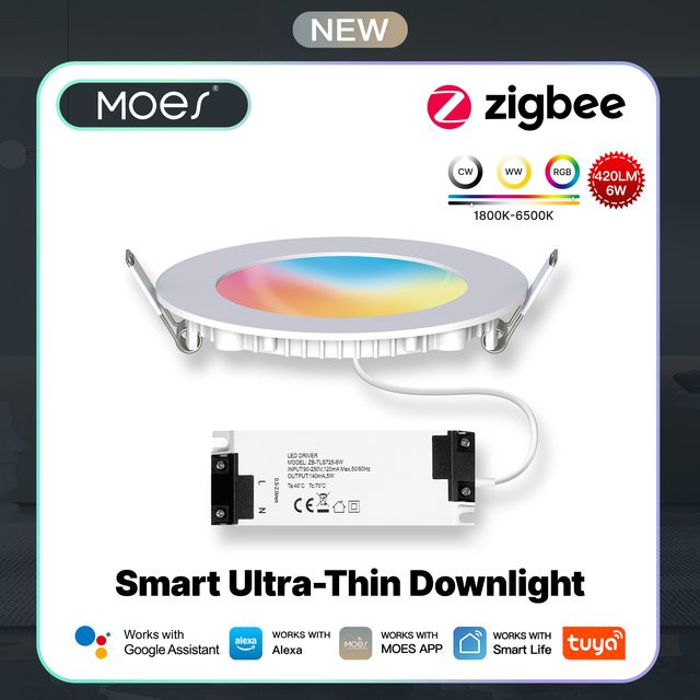 MOES Smart Downlight 6W ZigBee LED Einbaustrahler mit RGB Farbwechsel und CCT Warmweiß bis Kaltweiß, kompatibel mit Alexa und Google Assistant, Weiß - Bild 1