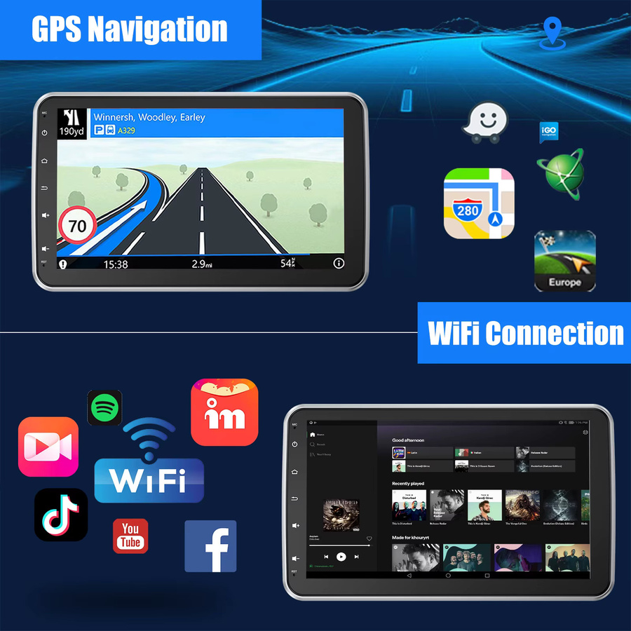 ESSGOO Universal Autoradio mit Android 15, 10.1 Zoll Touchscreen, 64 GB Speicher, 360 Grad drehbar, Wireless CarPlay, Android Auto, GPS, WiFi, Bluetooth und FM, Schwarz - Bild 3