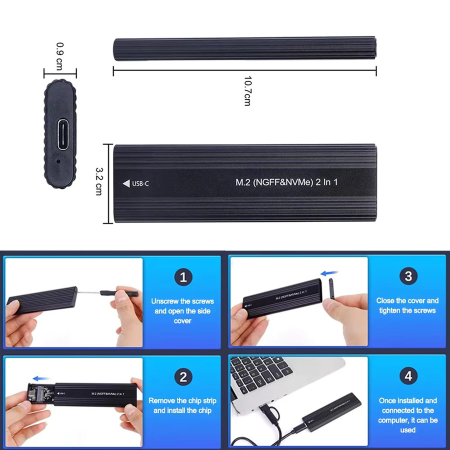 Kebidu M.2 SSD-Gehäuse mit USB Typ C 3.1, 10 Gbit/s, NVMe und SATA Doppelprotokoll, Schwarz - Bild 4