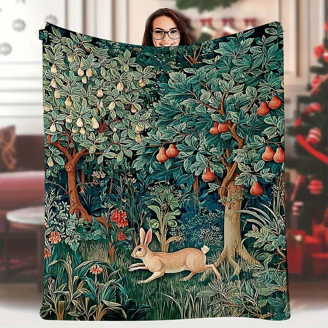 JMG Household Supplies Kuschelige Fleece Decke im Vintage William Morris Stil mit Waldszene Design, Hasen und Pilzen, Mehrfarbig, B/T: 100 x 130 cm - Bild 1