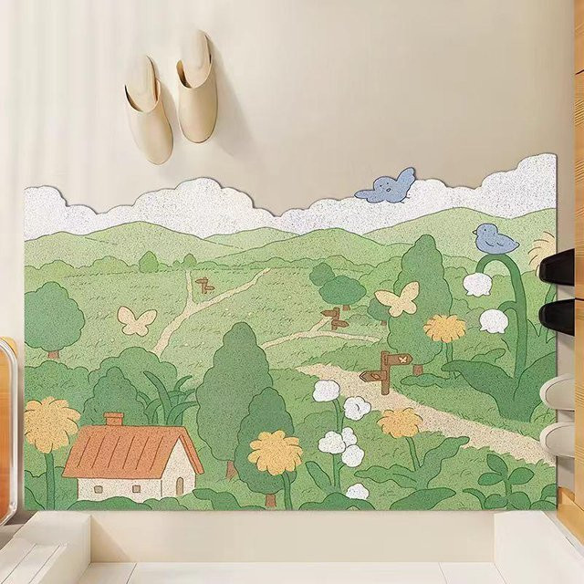 Runder Seidenteppich im Waldstil mit floralem Design, grün, rutschfest und schmutzabweisend, B/T: 40 x 60 cm - Bild 1