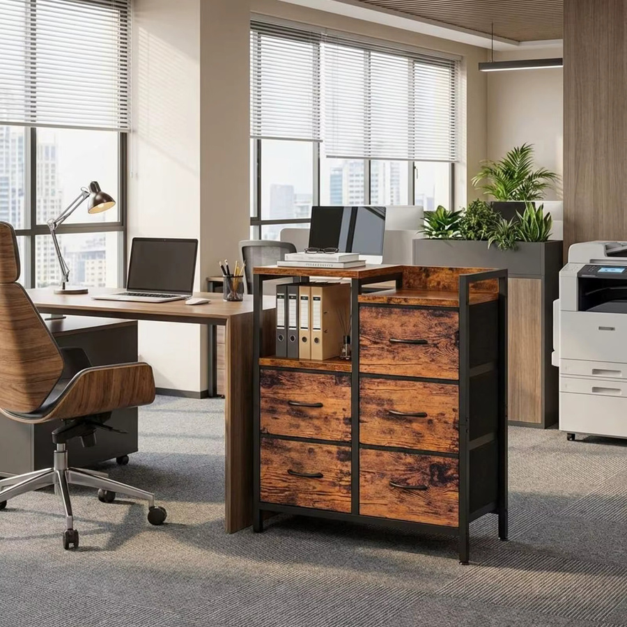 HiMISS Mobiler 5-Schubladen-Schrank mit offenem Ablagefach und Rollen, Büro-Organizer in Weiß und Braun im Industrial-Design - Bild 2