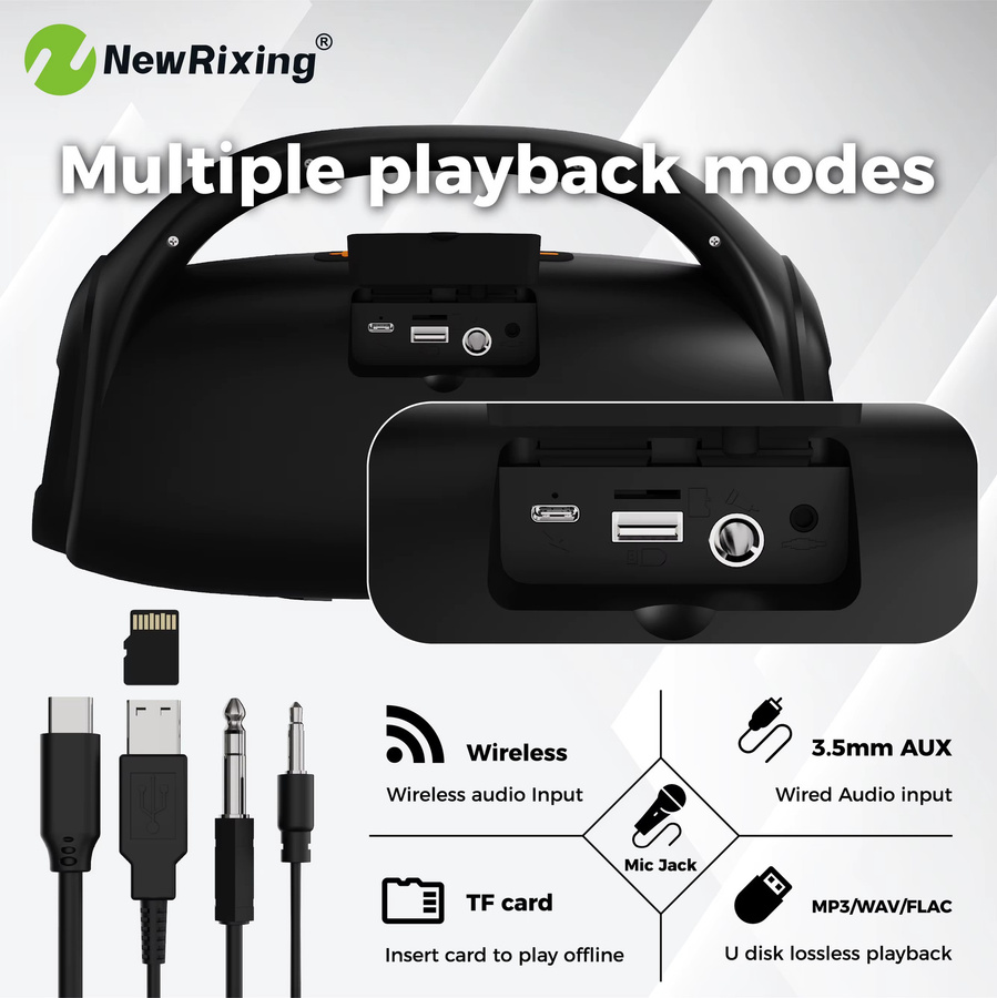 NewRixing Tragbarer 50 W Funklautsprecher mit Subwoofer, RGB-Leuchten, TWS und integriertem Mikrofon in Schwarz oder Blau - Bild 3