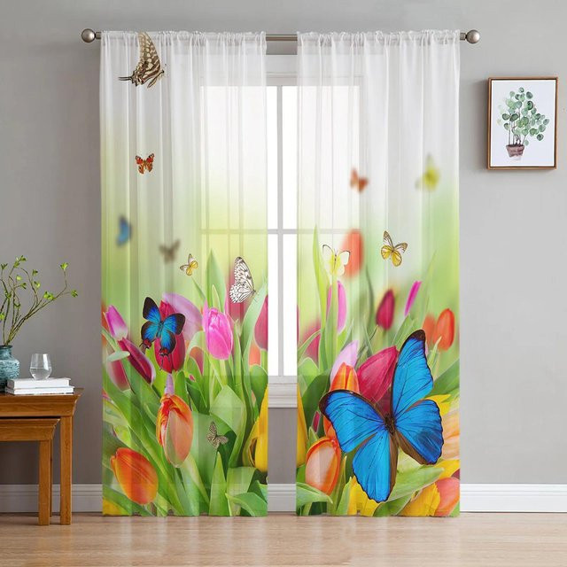 Yiran Furniture Transparent Voile Vorhang mit Blumen und Schmetterlingen in Blau und Multicolour, Breite: 135 cm, Höhe: 115 cm - Bild 1