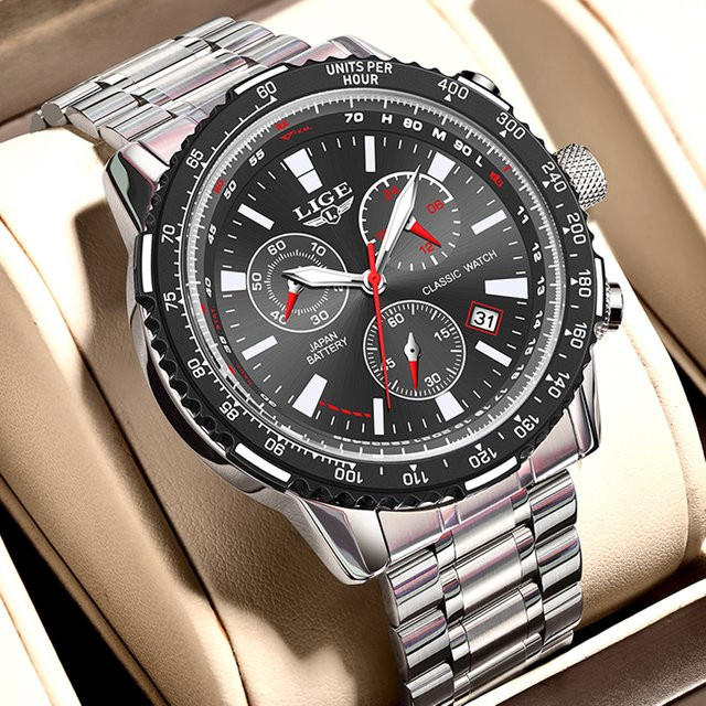 LIGE Chronograph Armbanduhr, Quarz, Edelstahl, Schwarz, Herren - Bild 1