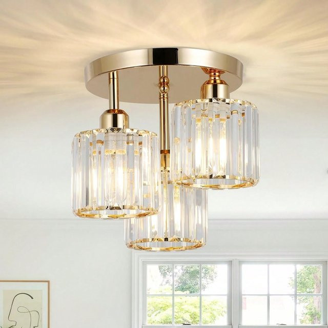 Moderne halbbündige Deckenleuchte von TRAZOS mit 3 Leuchten aus Kristallglas und Metall in Gold/Messing für Küche, Flur oder Schlafzimmer - Bild 1
