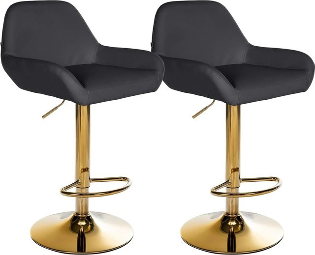 DELUKE 2er Set Barhocker BIKEL aus Kunstleder in Schwarz mit Gold, höhenverstellbar, drehbar mit Lehne, B/T/H: 51 x 52 x 89 cm - Bild 1