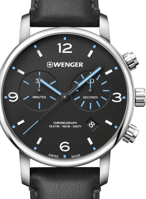 Wenger Chronograph, Quarz, Edelstahl, Leder, Schwarz, 44 mm, Herren - Bild 1