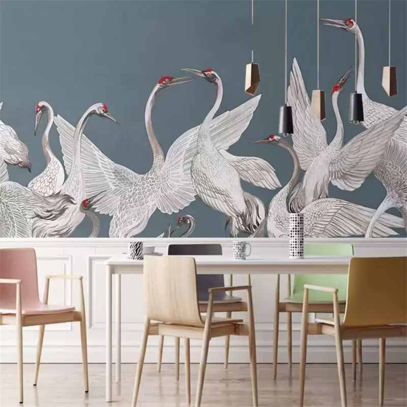Japanische 3D-Luxus-Wandtapete mit rotem Kranich in orientalischem Design für dein Wohnzimmer oder den TV-Hintergrund, Farbe: Rot - Bild 2