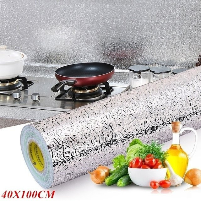 Wokhome Küchenrückwand-Tapete aus Aluminiumfolie, selbstklebend, ölbeständig und hitzebeständig, Farbe: Silber - Bild 1