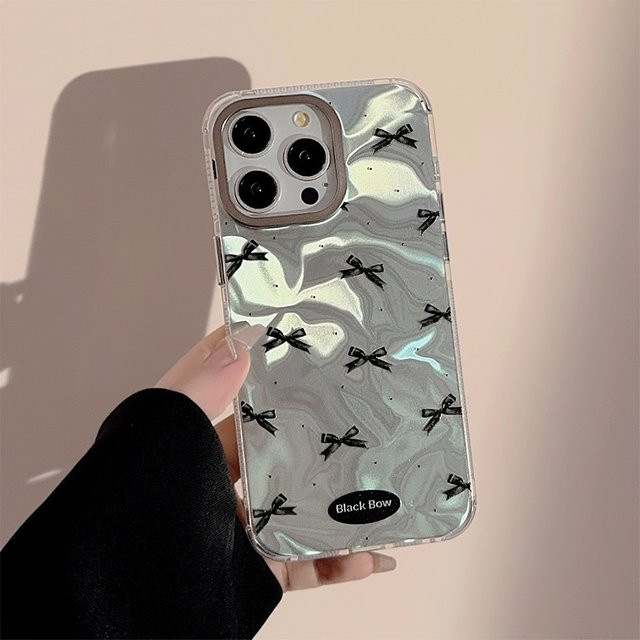 MUQGEW Handyhülle mit schwarzer Schleife und Wellenmuster für iPhone 16 15 14 13 12 Pro Max, stoßfeste Hartschale, Schwarz - Bild 1