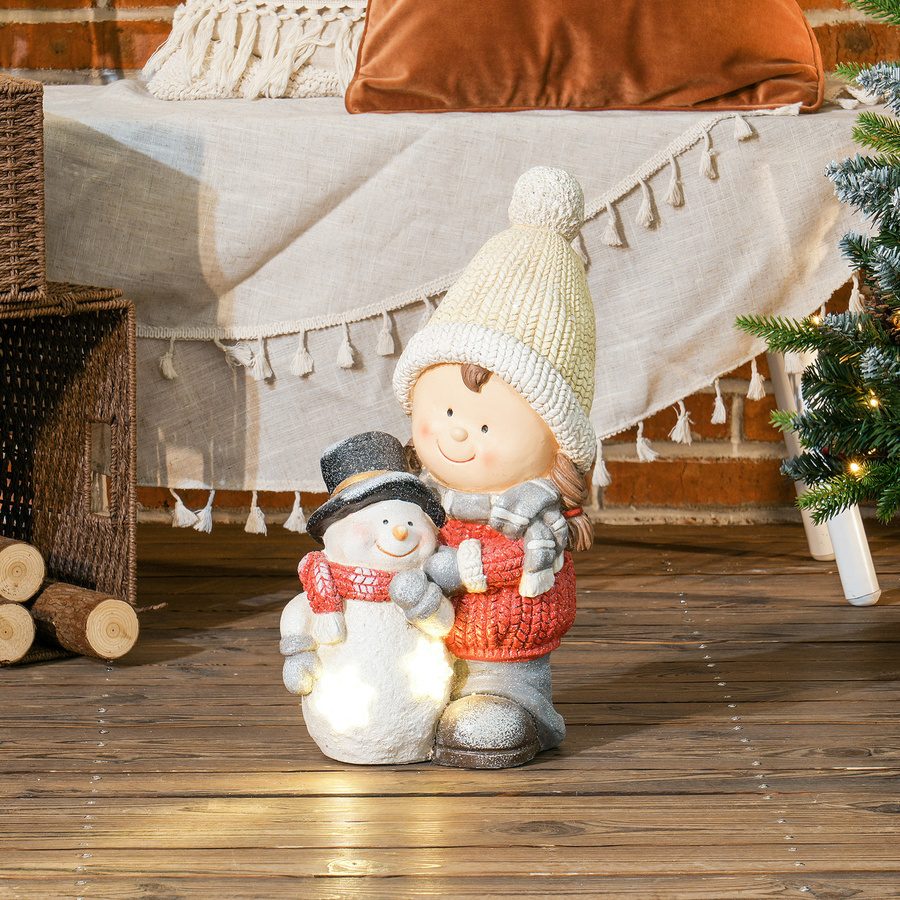 HOMCOM Weihnachtsdeko Wichtel mit Schneemann, beleuchtete Weihnachtsfigur mit LED Licht, mehrfarbig, Höhe: 45,5 cm - Bild 2