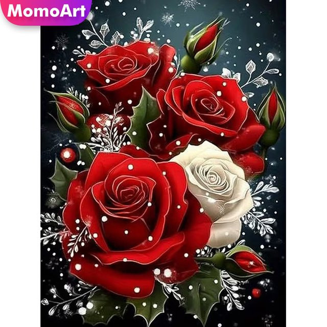 Momoart Diamant-Stickerei Rosenblüten DIY Mosaik-Bastelset mit floralem Design in Rot, B/H: 30 x 20 cm - Bild 1