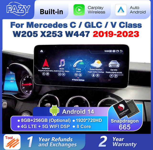 FAZY Android 14 Autoradio mit Touchscreen und Carplay für Mercedes C GLC V W205 X253 W447 NTG 5.5 6.0 Modelle 2019-2023 in Schwarz - Bild 1