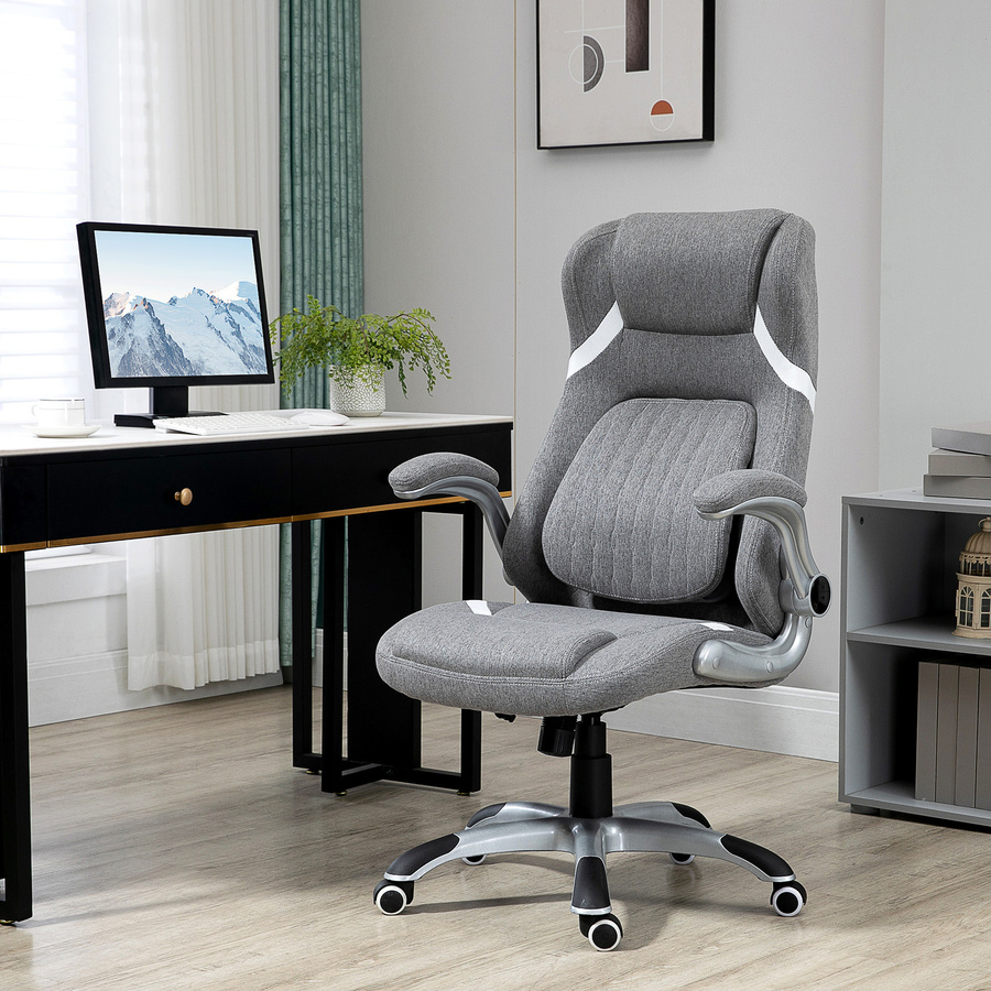 Vinsetto Ergonomischer Bürostuhl in Grau mit Kopfstütze, klappbaren Armlehnen und Wippfunktion aus Leinenstoff - Bild 2