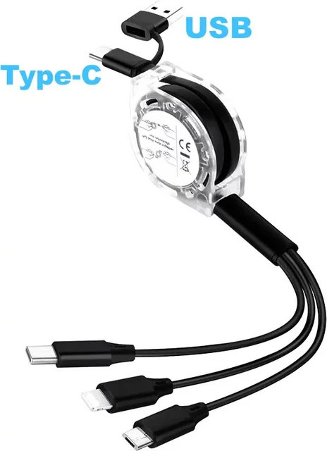 OIITH 3-in-2 Einziehbares USB-C Daten- und Ladekabel für iPhone, Android, Samsung, Xiaomi und Huawei in Schwarz - Bild 1