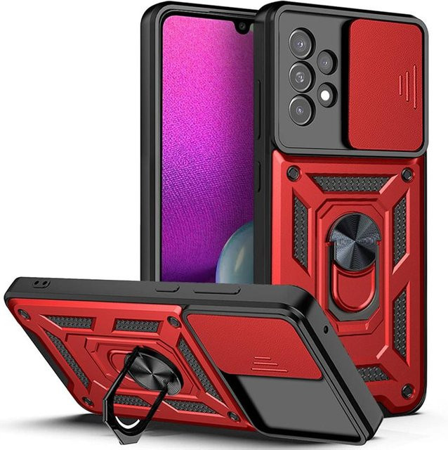 Stoßfeste Rüstung Slide Kamera Objektiv Schutzhülle mit Ring Stand für Samsung Galaxy A-Serie und S-Serie in Rot - Bild 1