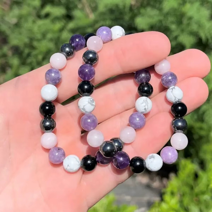 Armband, Amethyst, schwarzer Turmalin, klarer Quarz, Hämatit, Lepidolit, Rosenquarz, weißer 8 mm runder Kristall, Unisex - Bild 3
