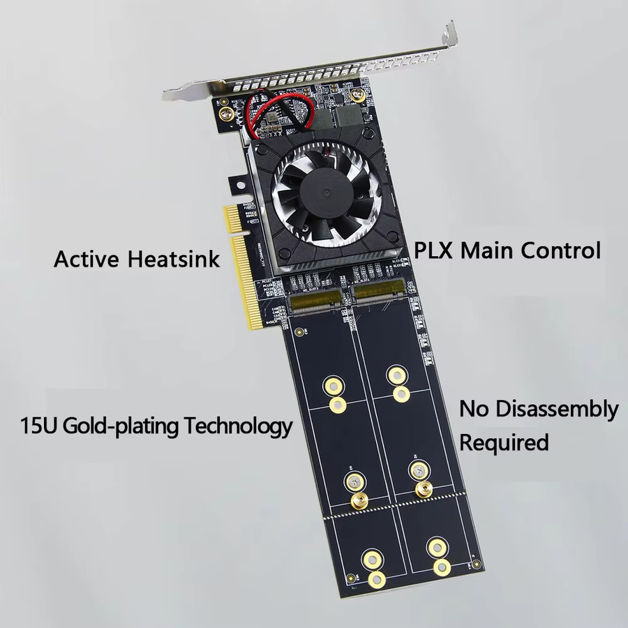 ADT-Link Split-Free PLX8747 PCIe 3.0 Erweiterungskartenmodul mit Vierfach-NVMe 3.0 x4 Support und Radiator in Schwarz - Bild 4